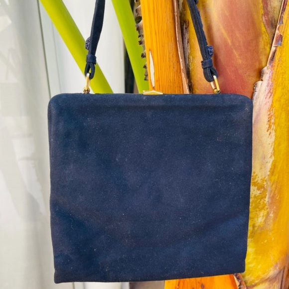 Loewe Navy Suede Handbag Vintage 1960s Purse Evening Bag - Picture 7 of 10
